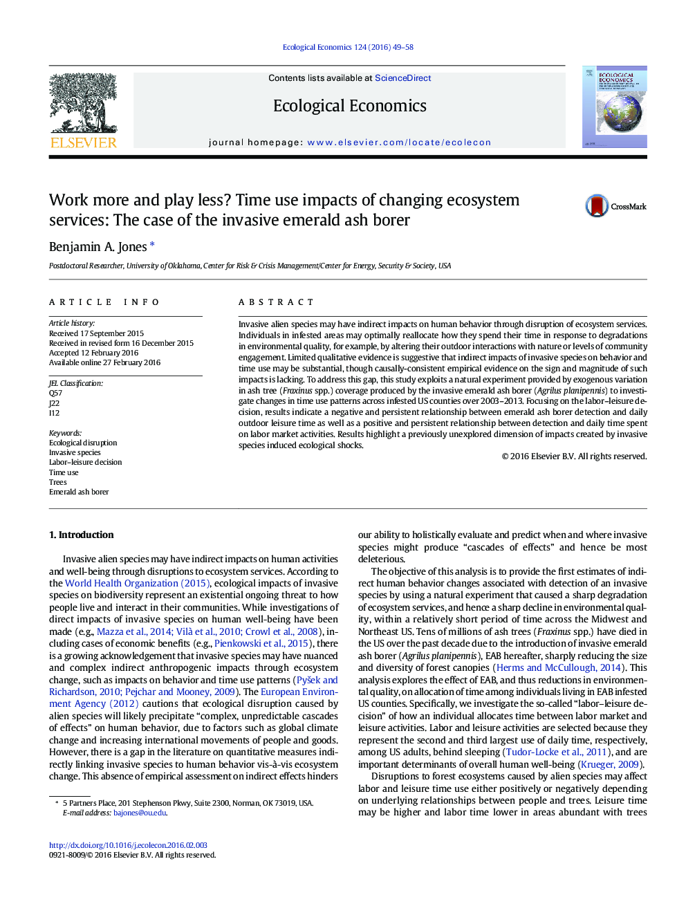 Work more and play less? Time use impacts of changing ecosystem services: The case of the invasive emerald ash borer