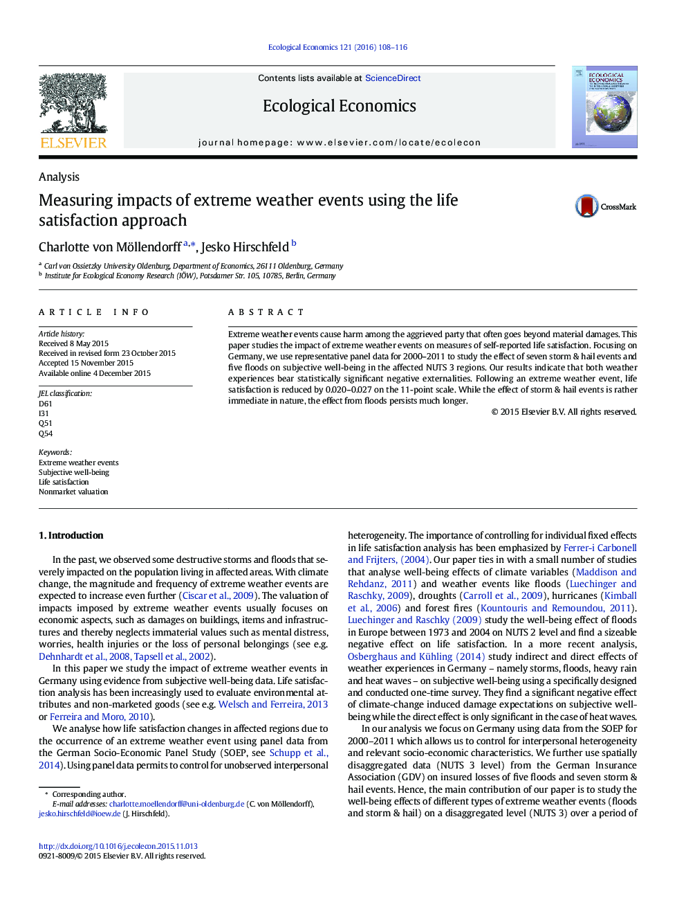 Measuring impacts of extreme weather events using the life satisfaction approach