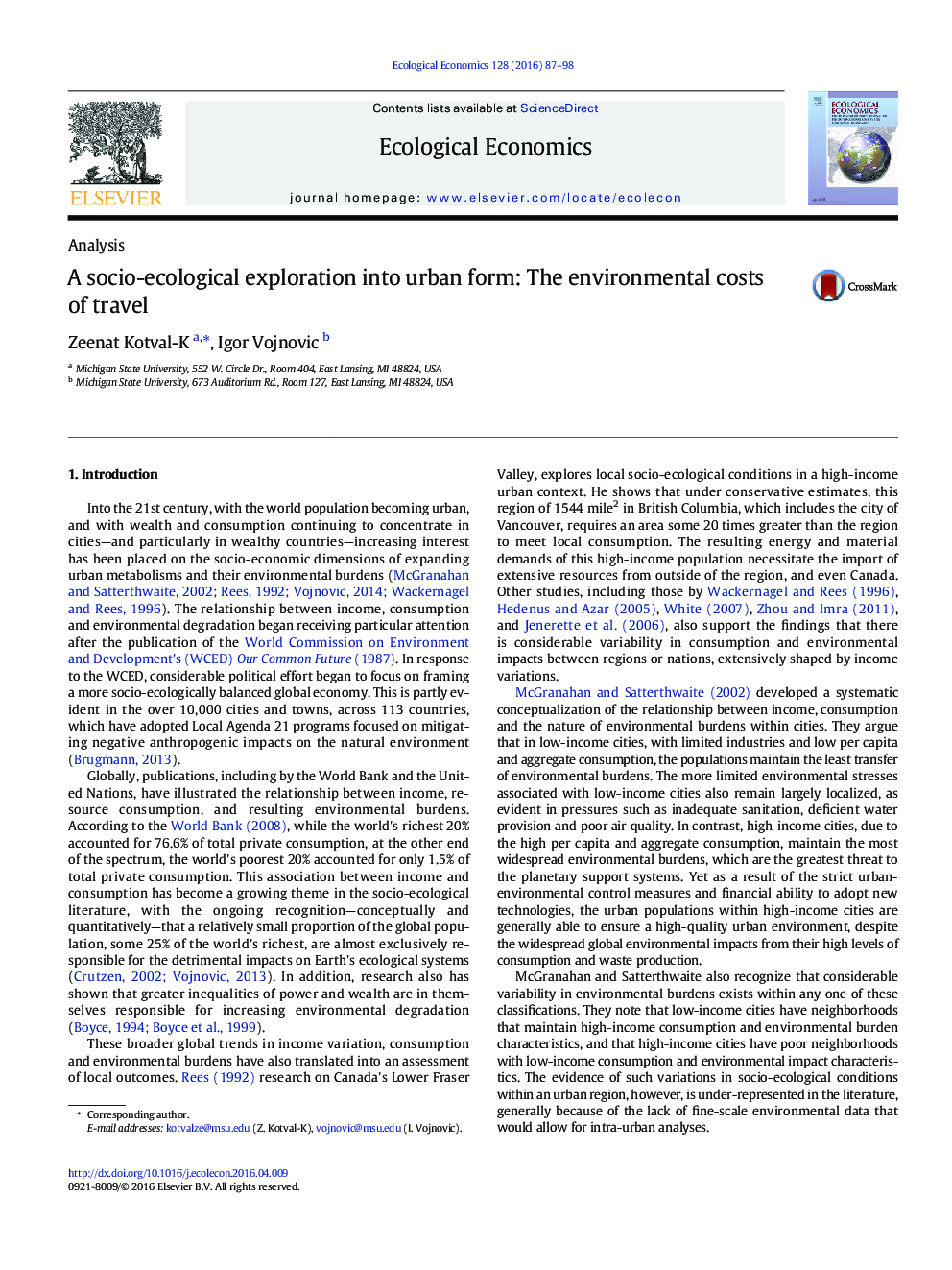 A socio-ecological exploration into urban form: The environmental costs of travel