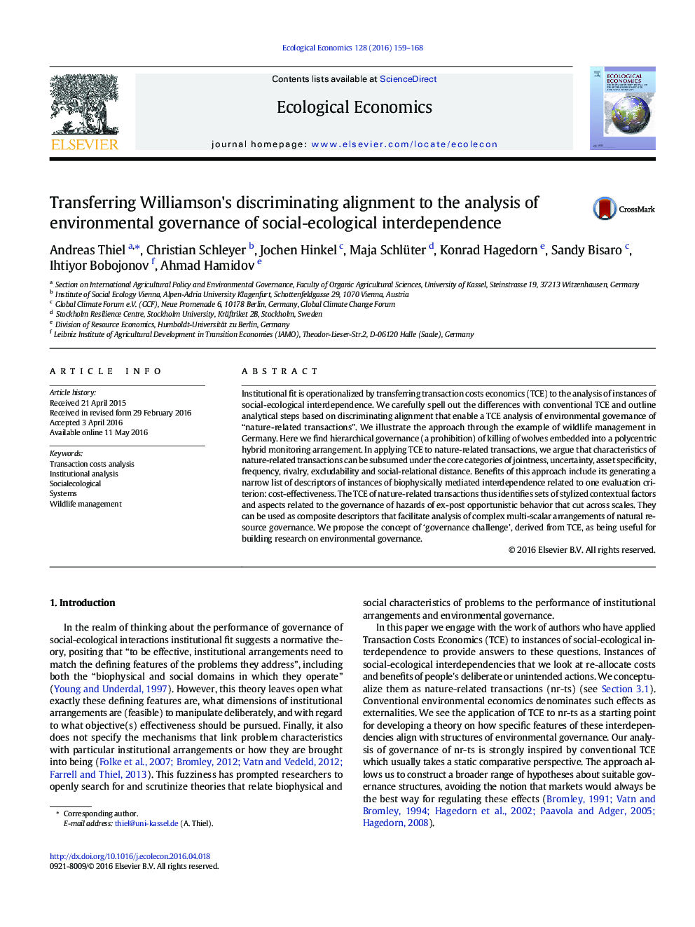 Transferring Williamson's discriminating alignment to the analysis of environmental governance of social-ecological interdependence