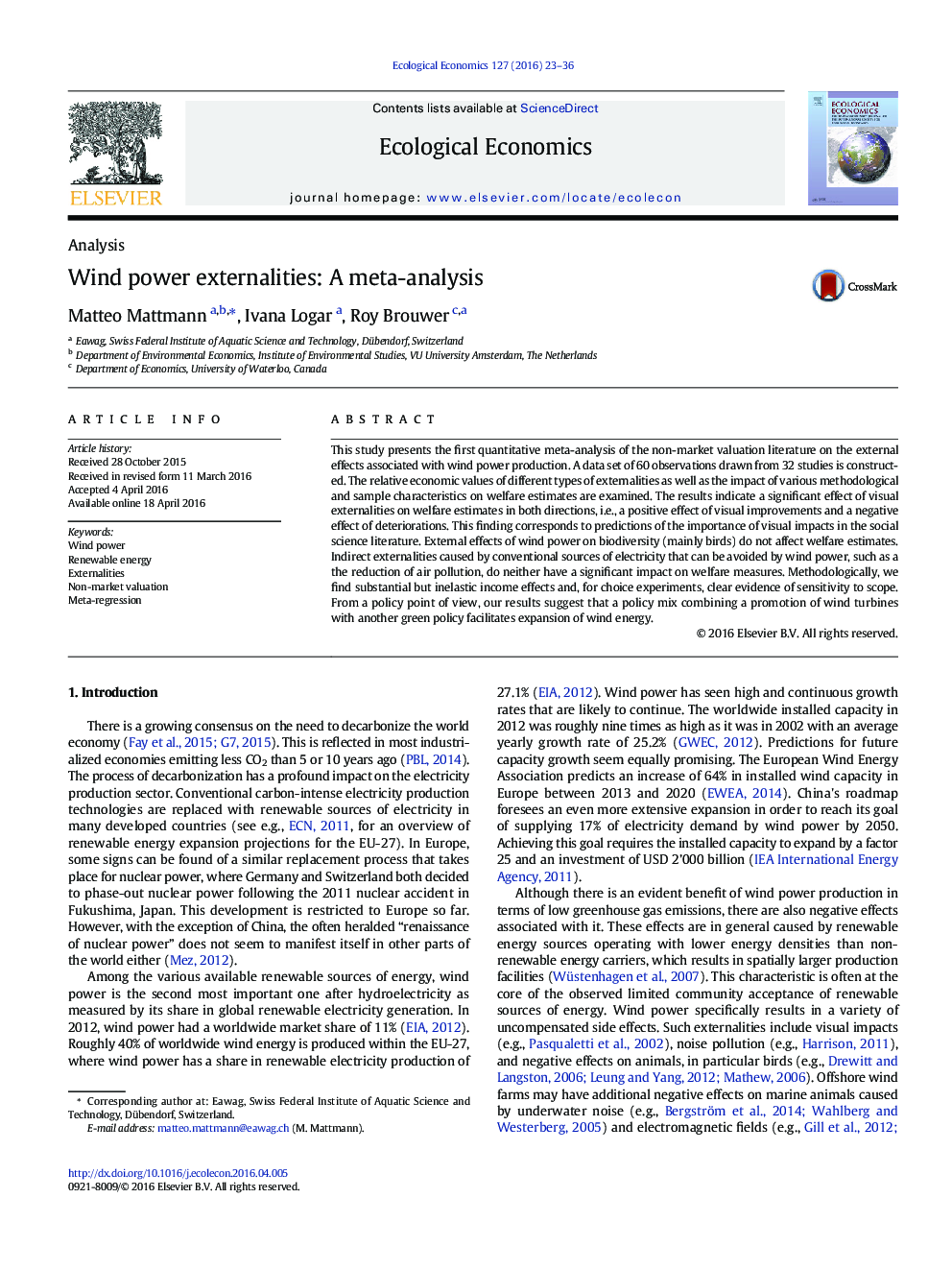 Wind power externalities: A meta-analysis