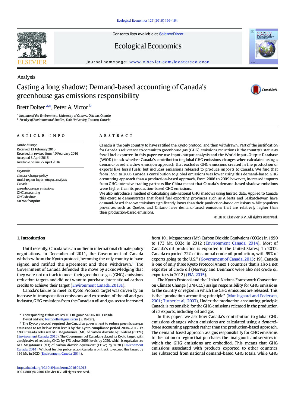 Casting a long shadow: Demand-based accounting of Canada's greenhouse gas emissions responsibility