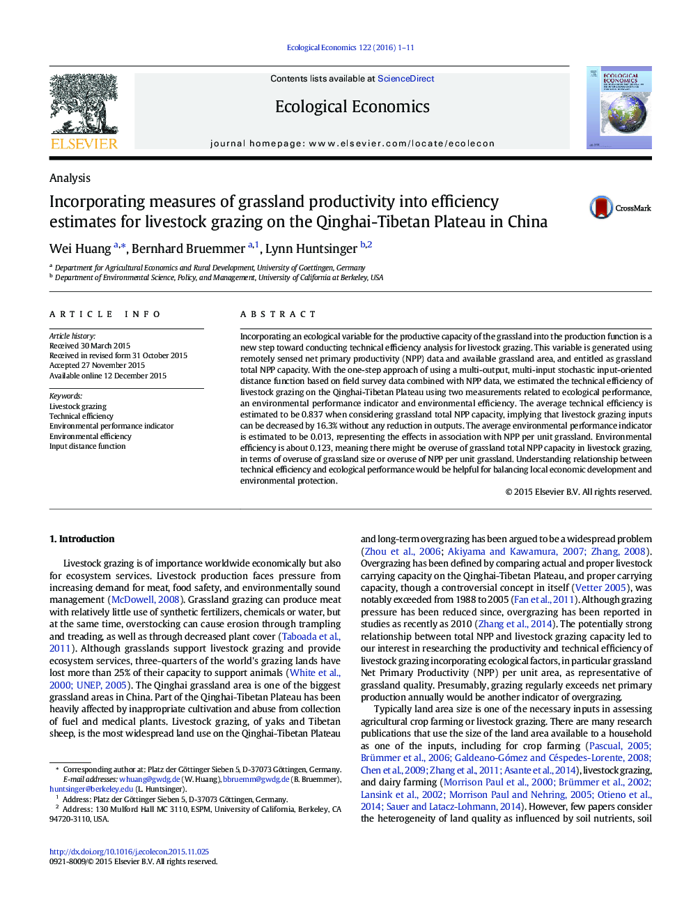 AnalysisIncorporating measures of grassland productivity into efficiency estimates for livestock grazing on the Qinghai-Tibetan Plateau in China
