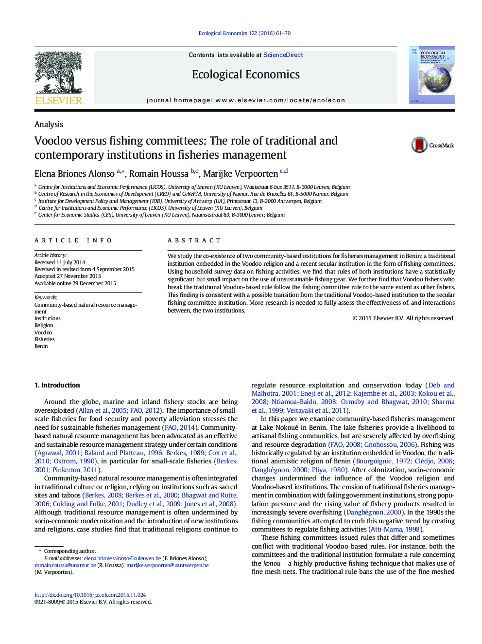 Voodoo versus fishing committees: The role of traditional and contemporary institutions in fisheries management