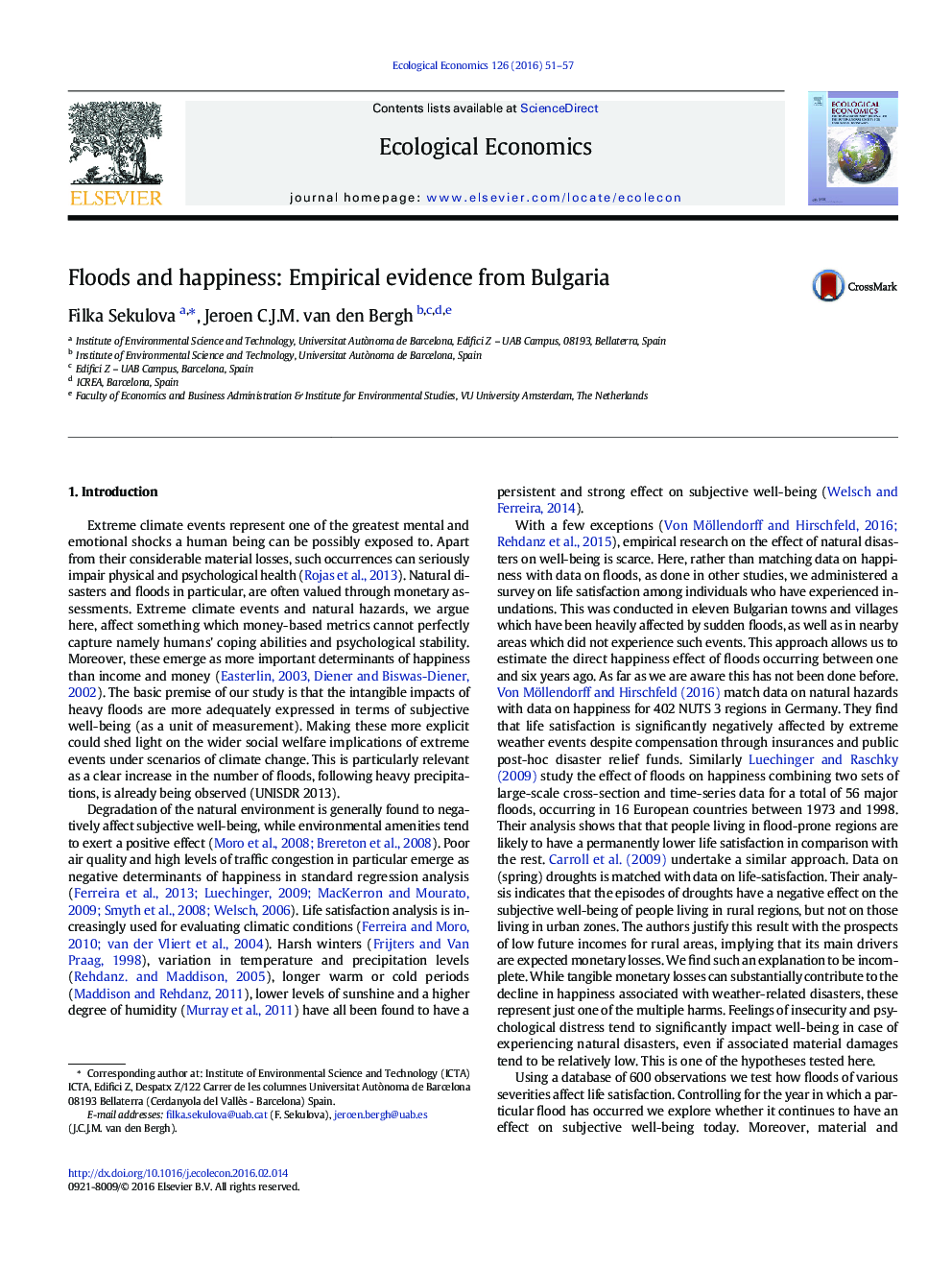 Floods and happiness: Empirical evidence from Bulgaria