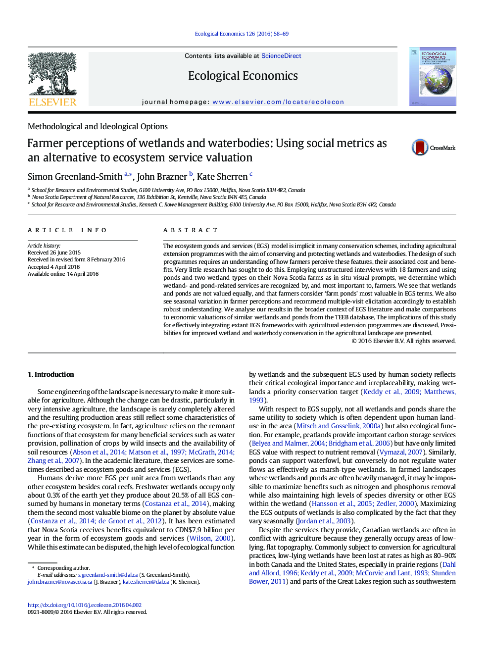 Methodological and Ideological OptionsFarmer perceptions of wetlands and waterbodies: Using social metrics as an alternative to ecosystem service valuation