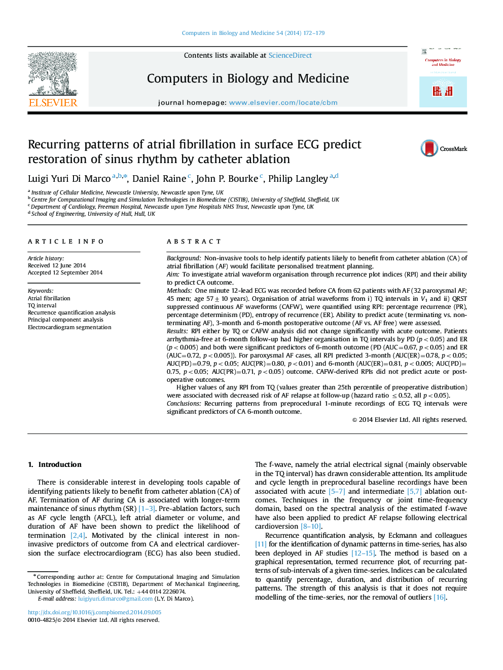 Recurring patterns of atrial fibrillation in surface ECG predict restoration of sinus rhythm by catheter ablation