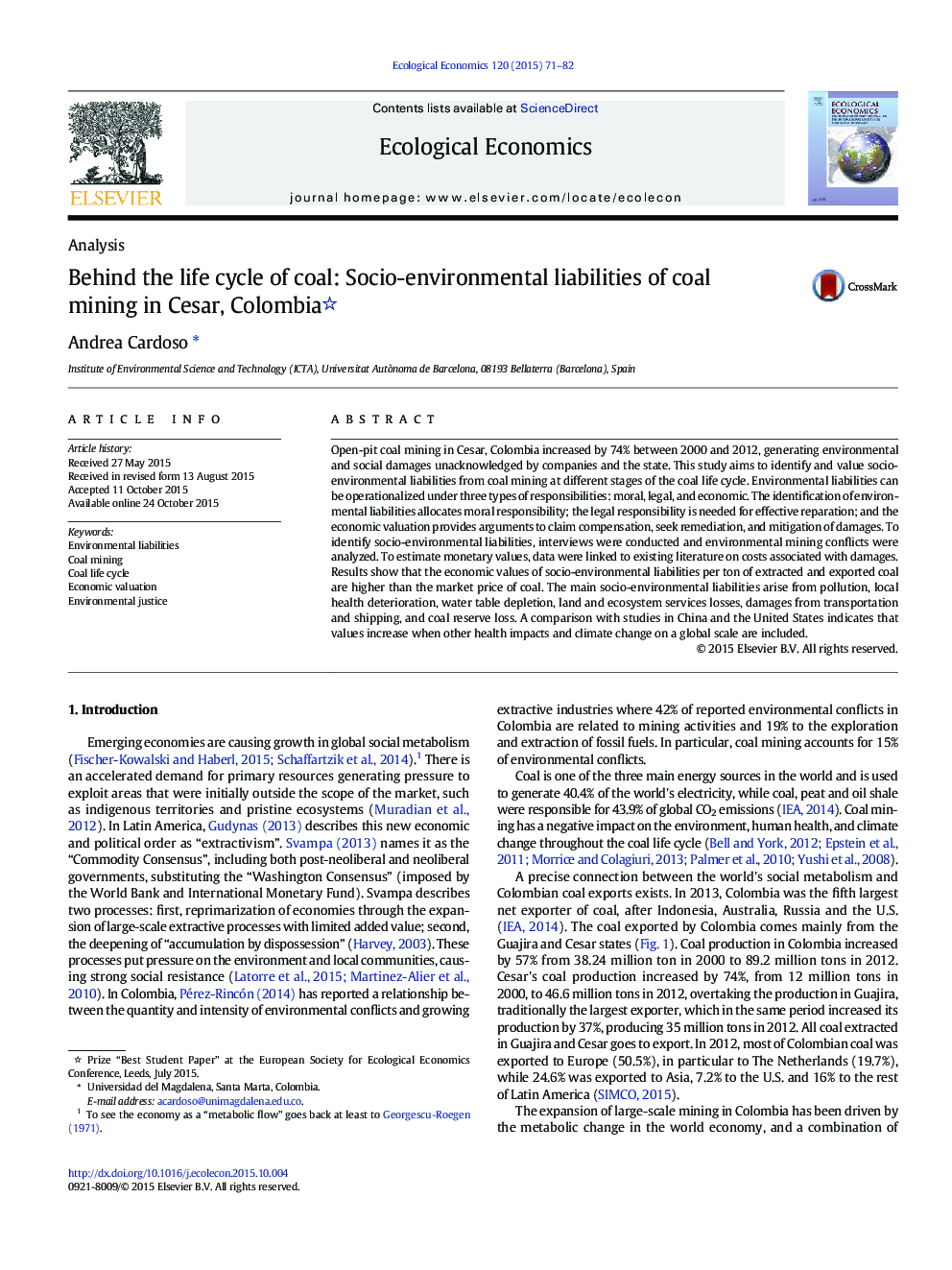 Behind the life cycle of coal: Socio-environmental liabilities of coal mining in Cesar, Colombia