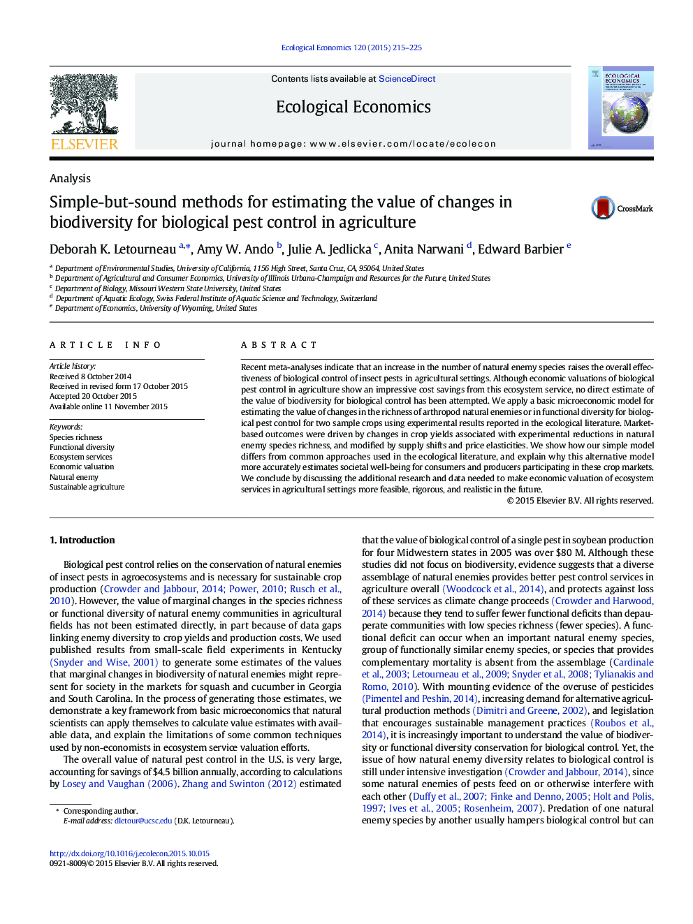 Simple-but-sound methods for estimating the value of changes in biodiversity for biological pest control in agriculture
