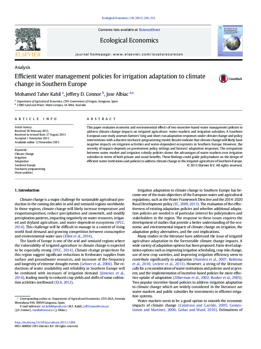 Efficient water management policies for irrigation adaptation to climate change in Southern Europe