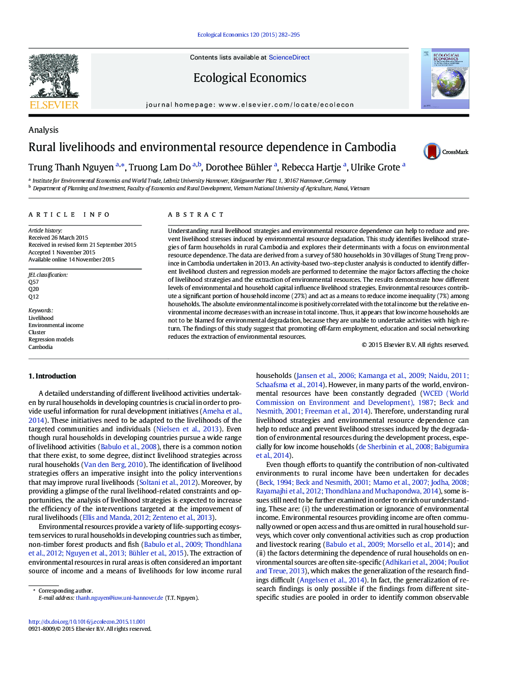 Rural livelihoods and environmental resource dependence in Cambodia