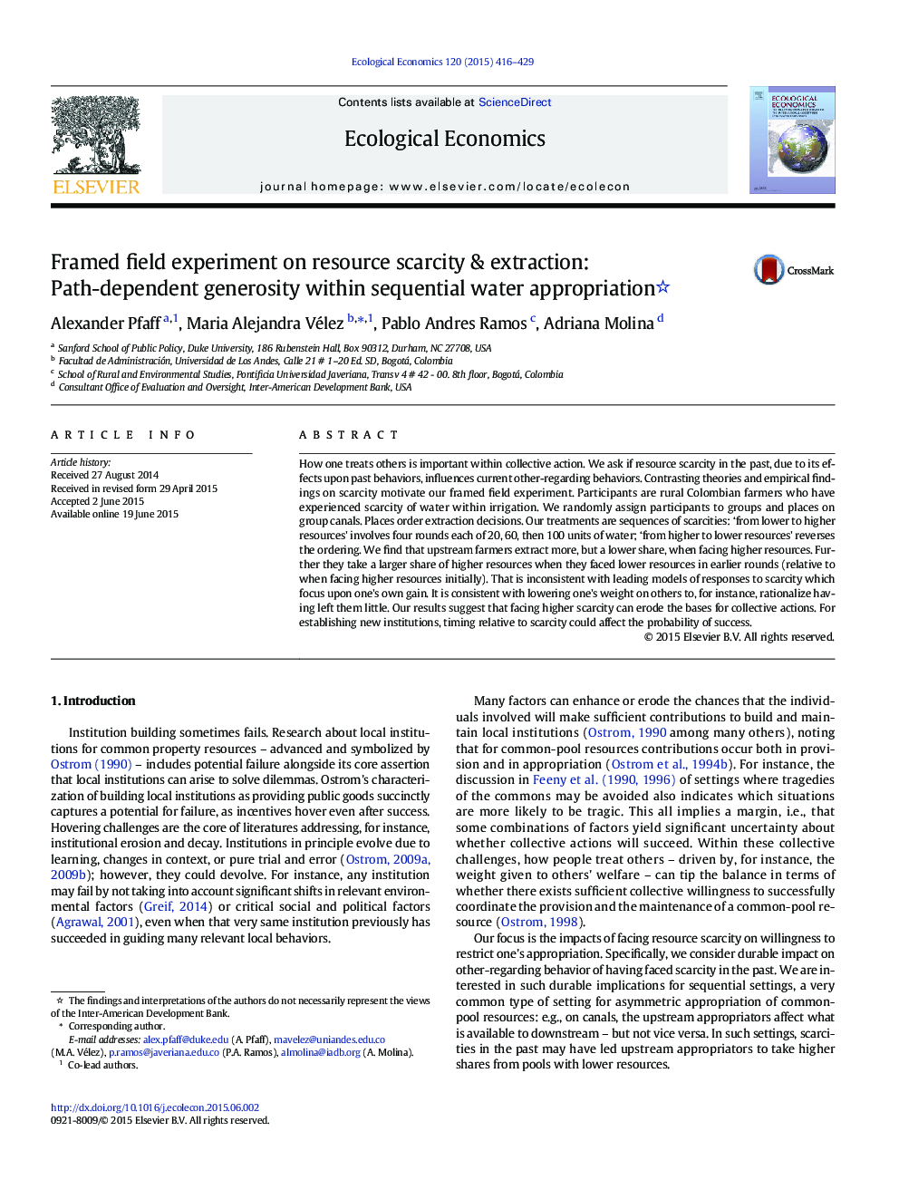 Framed field experiment on resource scarcity & extraction: Path-dependent generosity within sequential water appropriation