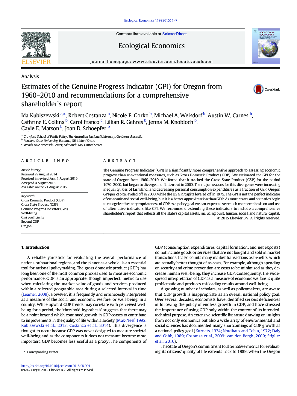 Estimates of the Genuine Progress Indicator (GPI) for Oregon from 1960-2010 and recommendations for a comprehensive shareholder's report