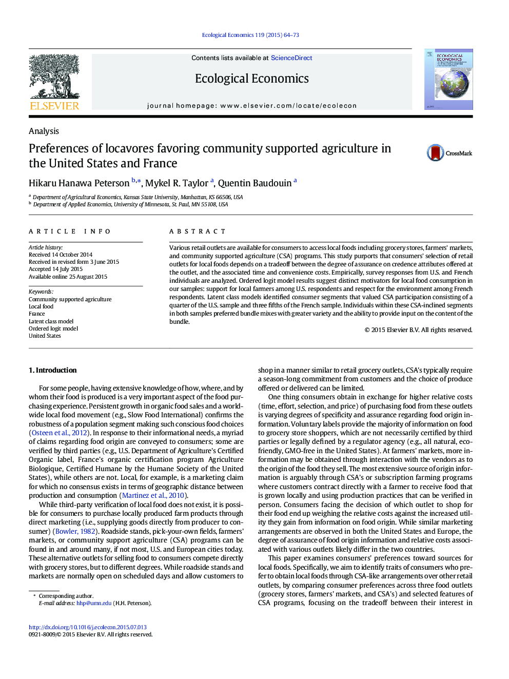 Preferences of locavores favoring community supported agriculture in the United States and France