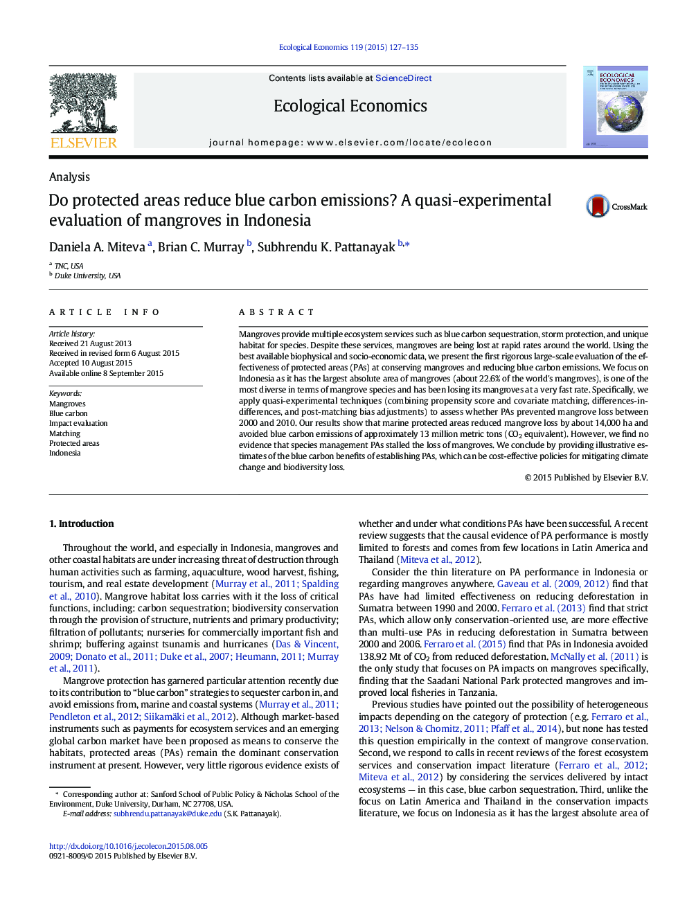 AnalysisDo protected areas reduce blue carbon emissions? A quasi-experimental evaluation of mangroves in Indonesia