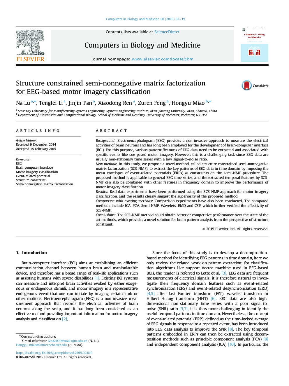 Structure constrained semi-nonnegative matrix factorization for EEG-based motor imagery classification