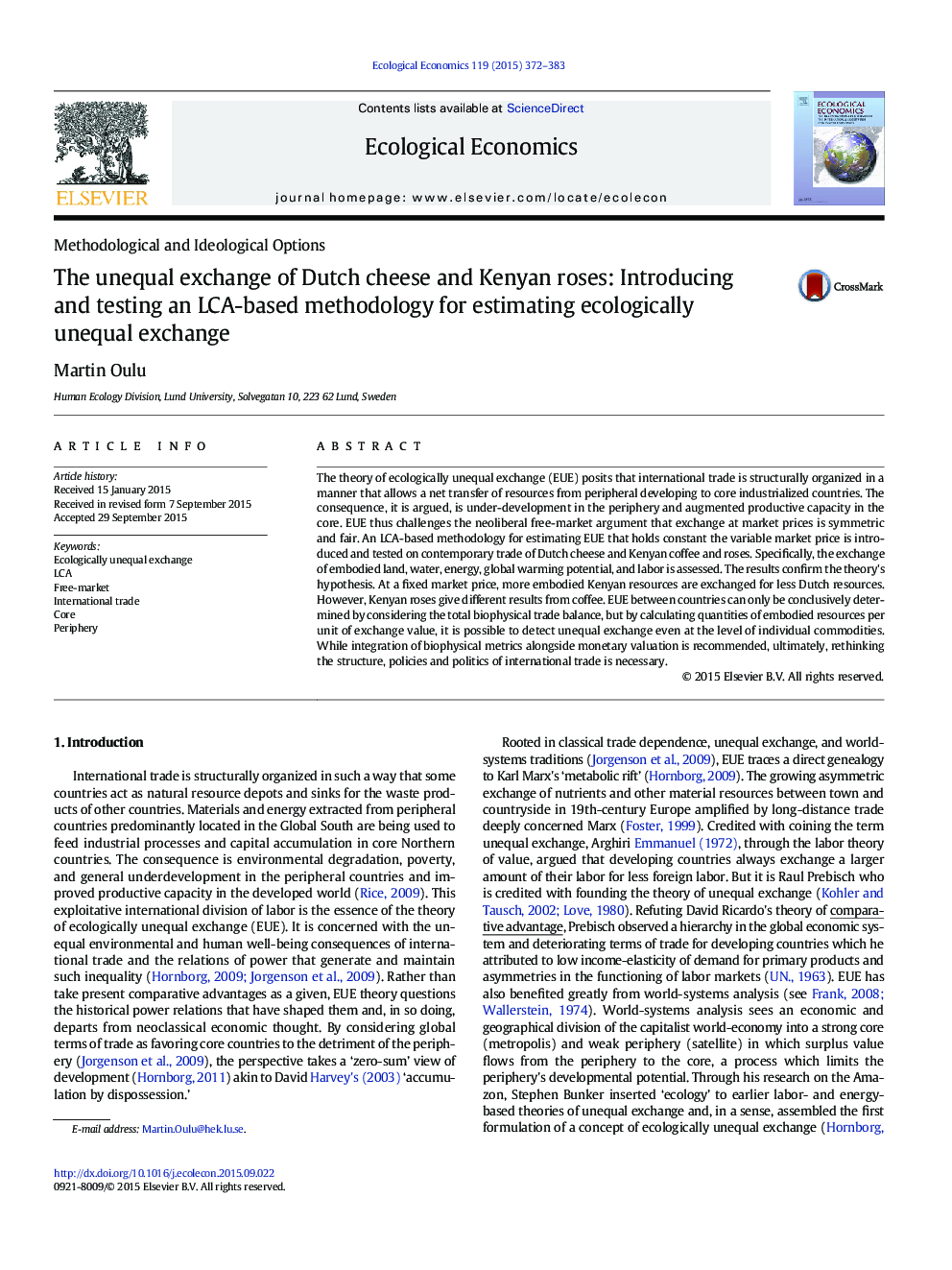 The unequal exchange of Dutch cheese and Kenyan roses: Introducing and testing an LCA-based methodology for estimating ecologically unequal exchange