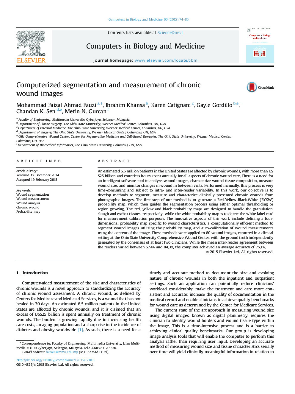 Computerized segmentation and measurement of chronic wound images