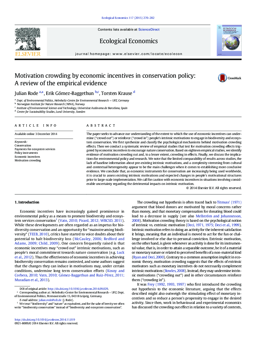 Motivation crowding by economic incentives in conservation policy: A review of the empirical evidence