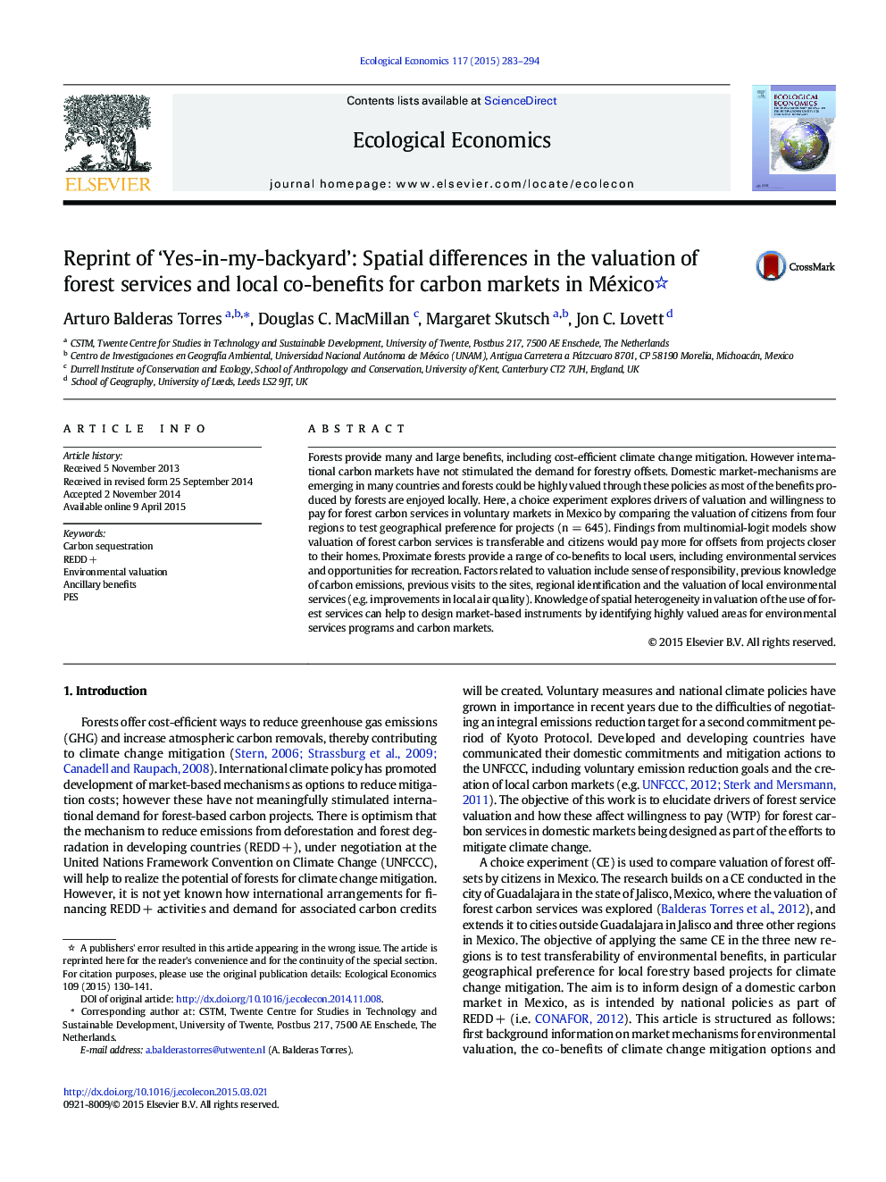 Reprint of 'Yes-in-my-backyard': Spatial differences in the valuation of forest services and local co-benefits for carbon markets in México