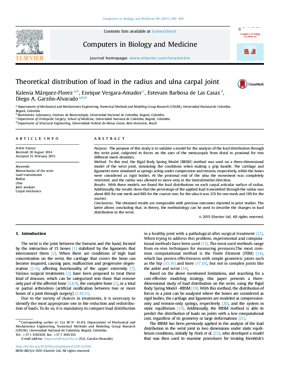 Theoretical distribution of load in the radius and ulna carpal joint