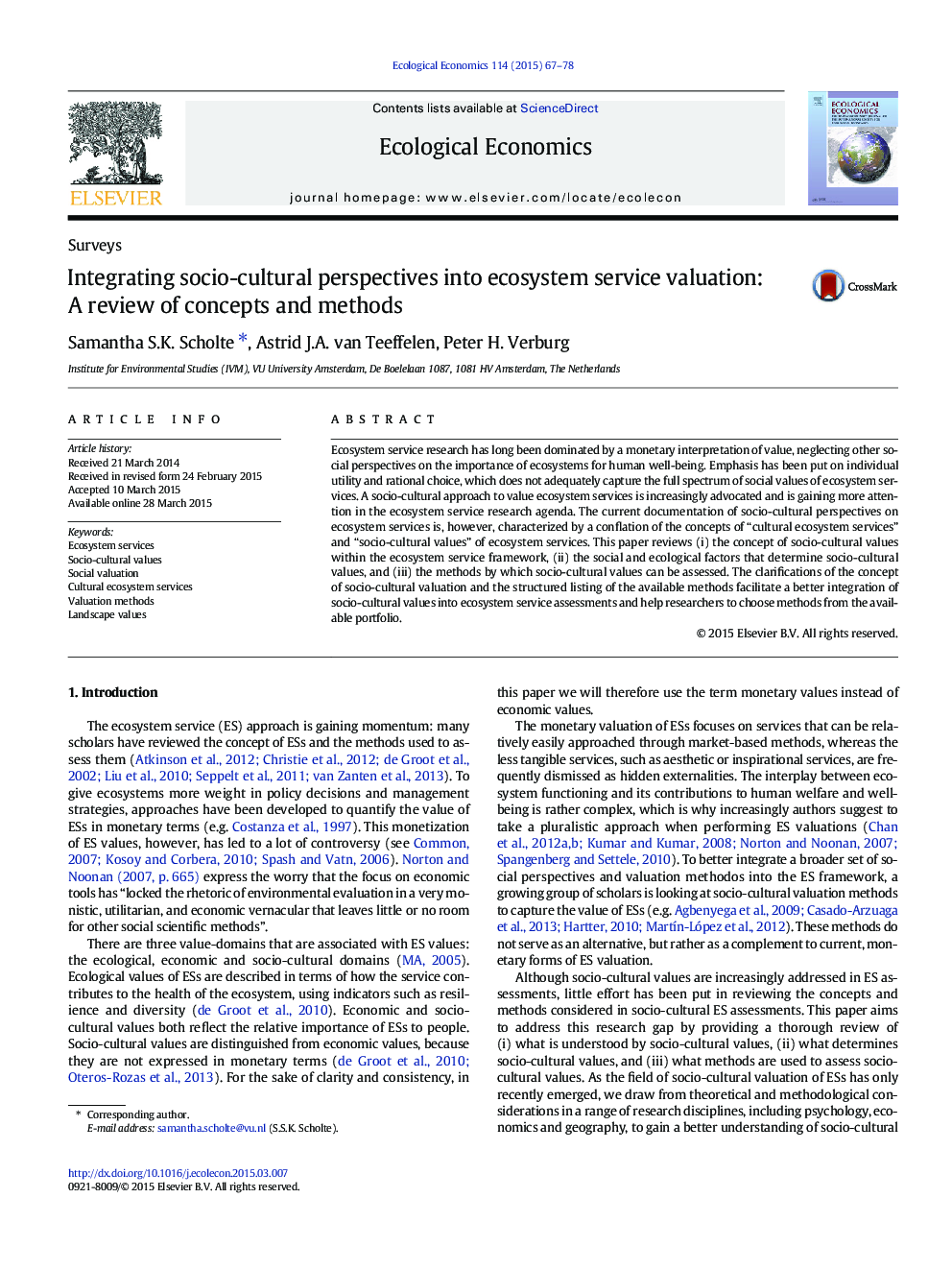 Integrating socio-cultural perspectives into ecosystem service valuation: A review of concepts and methods