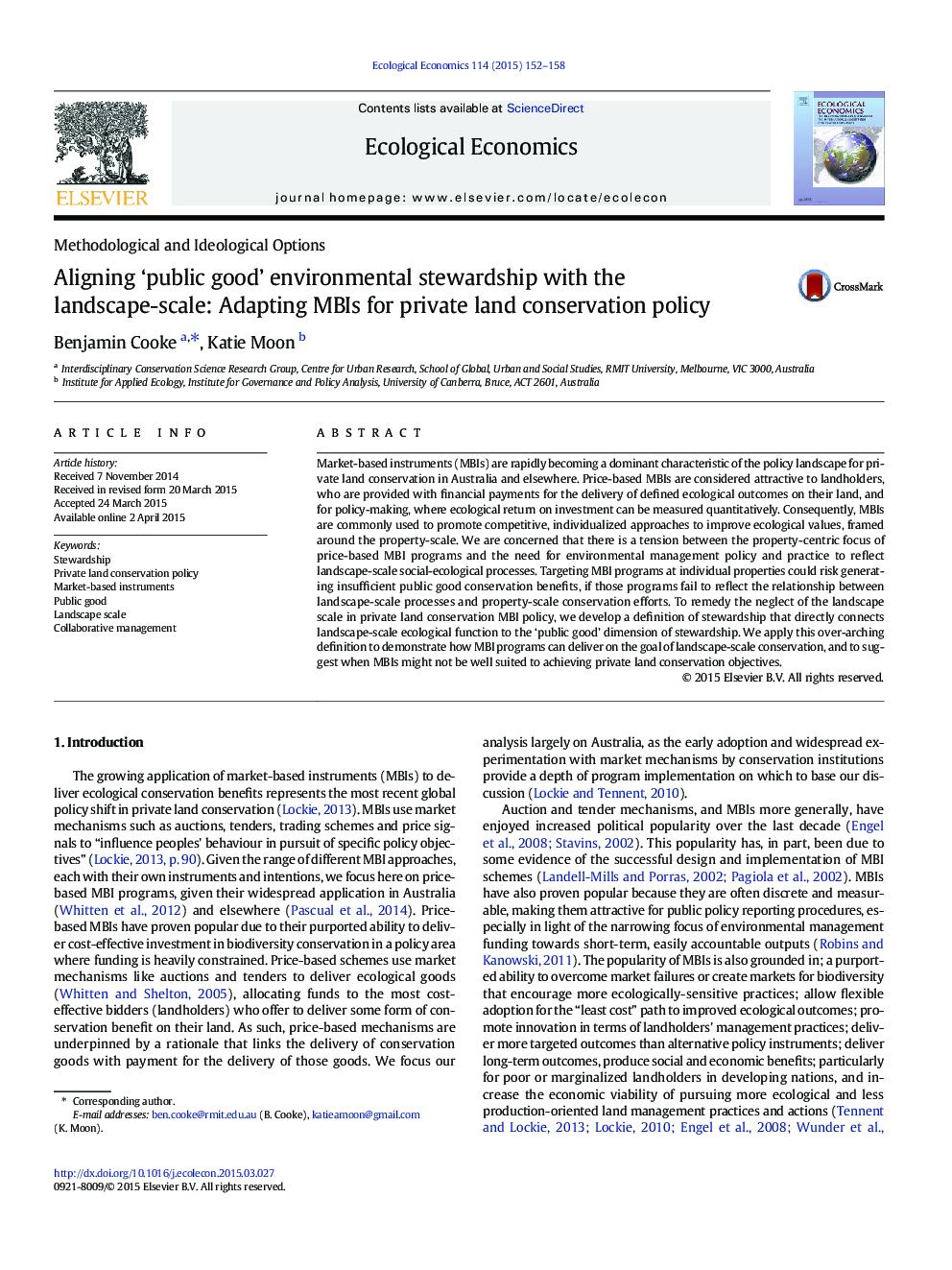 Aligning 'public good' environmental stewardship with the landscape-scale: Adapting MBIs for private land conservation policy