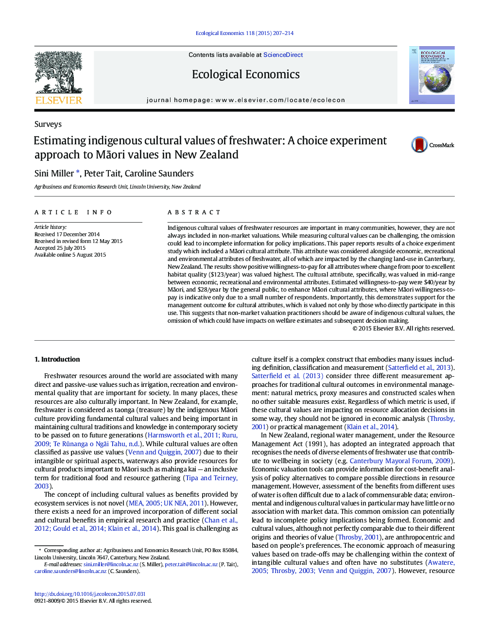 Estimating indigenous cultural values of freshwater: A choice experiment approach to MÄori values in New Zealand