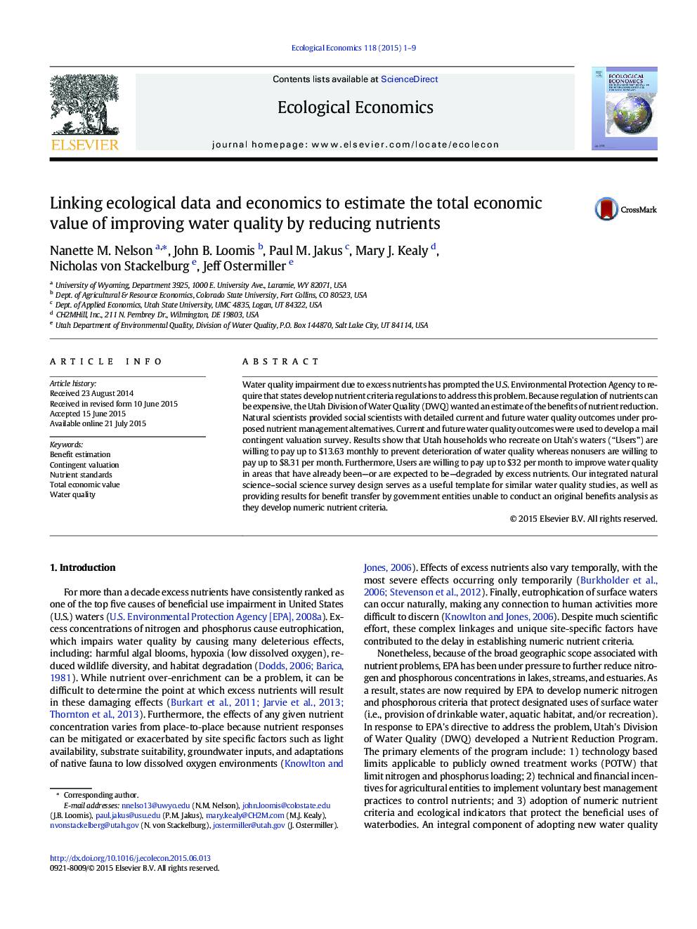 Linking ecological data and economics to estimate the total economic value of improving water quality by reducing nutrients