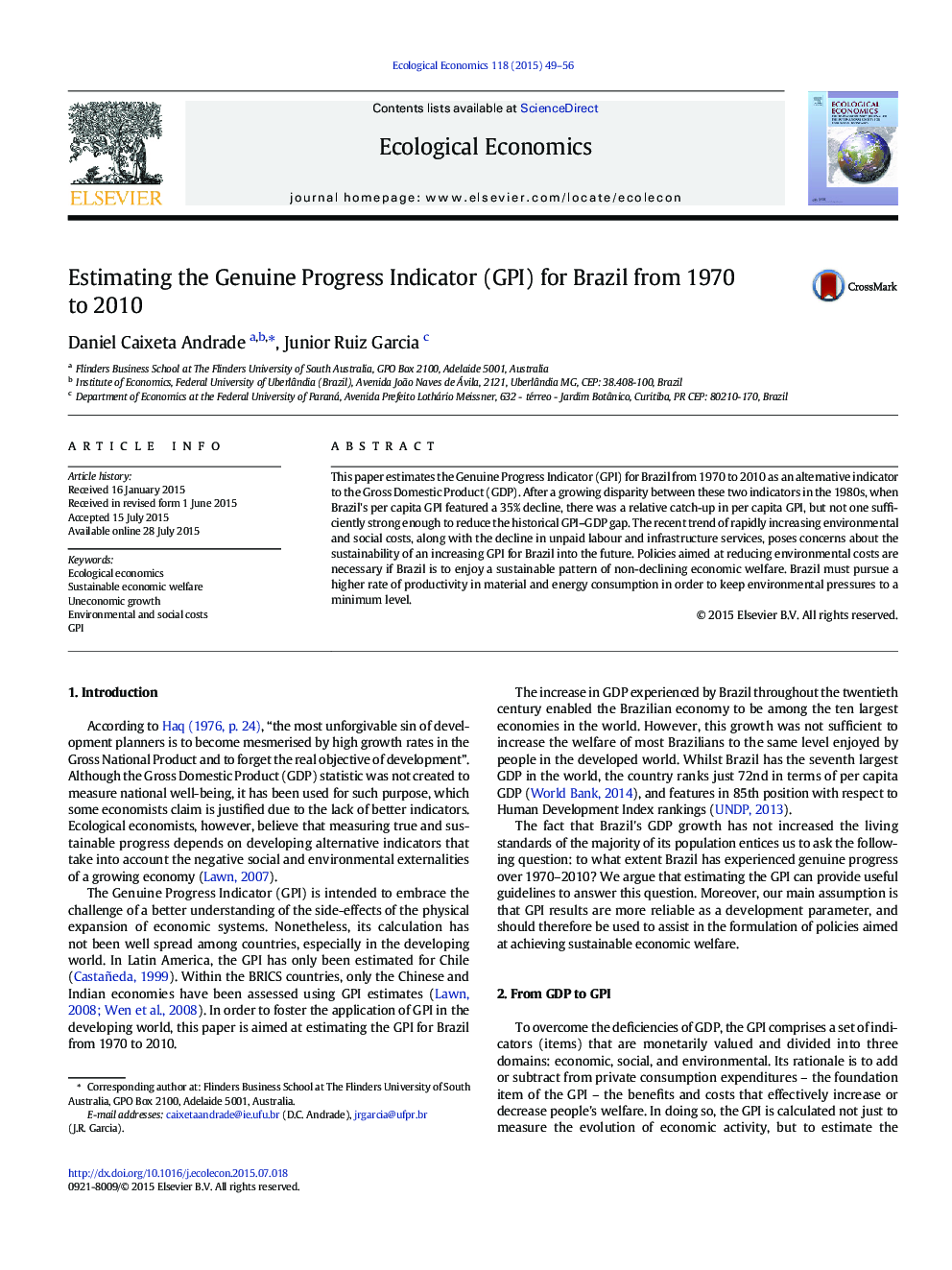 Estimating the Genuine Progress Indicator (GPI) for Brazil from 1970 to 2010