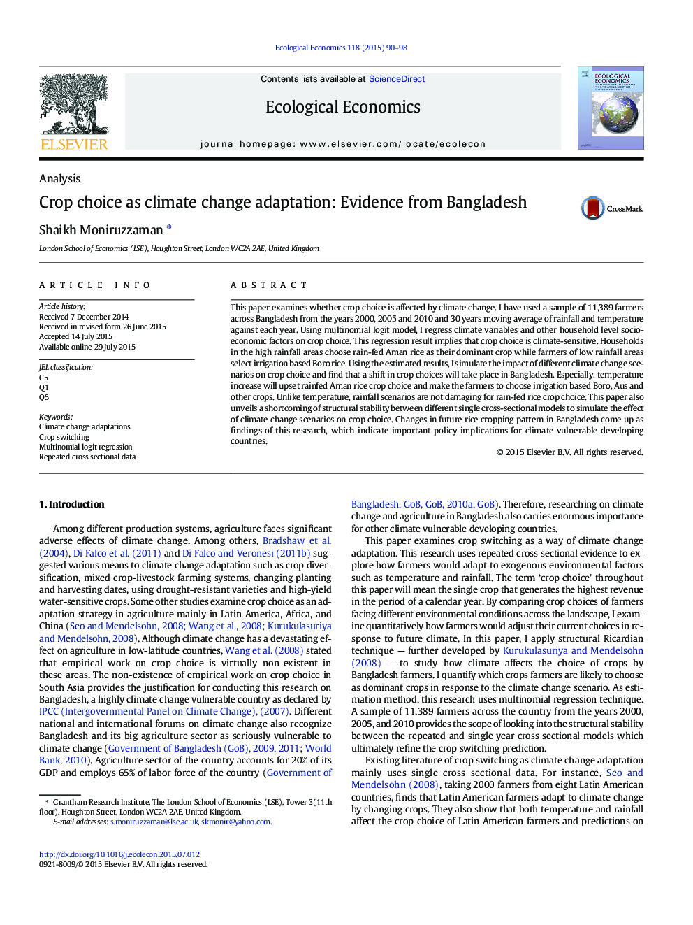 Crop choice as climate change adaptation: Evidence from Bangladesh