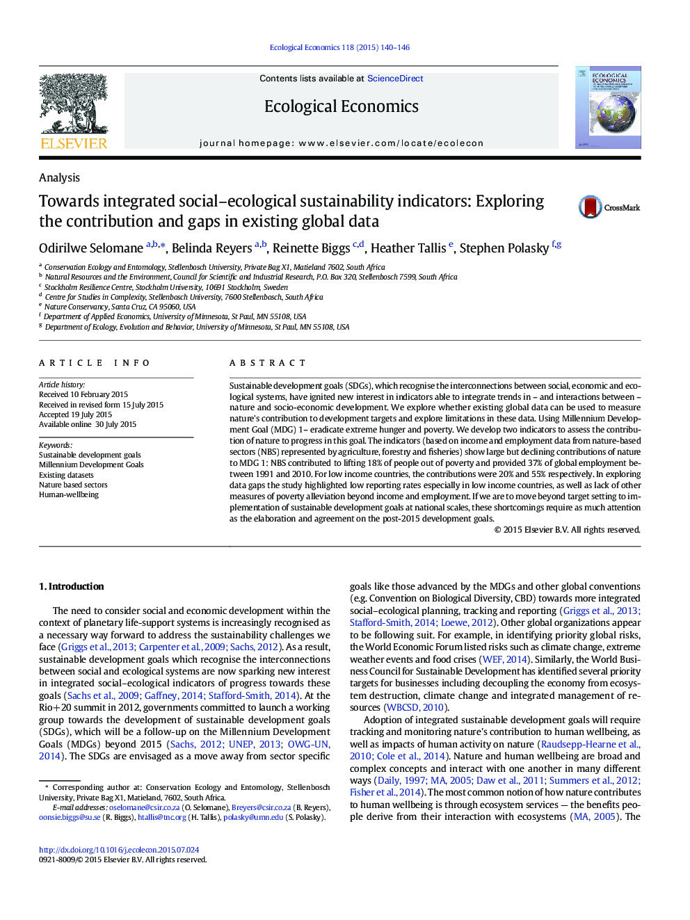 Towards integrated social–ecological sustainability indicators: Exploring the contribution and gaps in existing global data