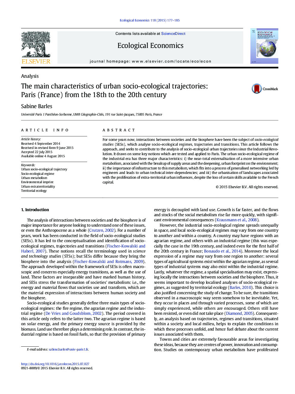 The main characteristics of urban socio-ecological trajectories: Paris (France) from the 18th to the 20th century