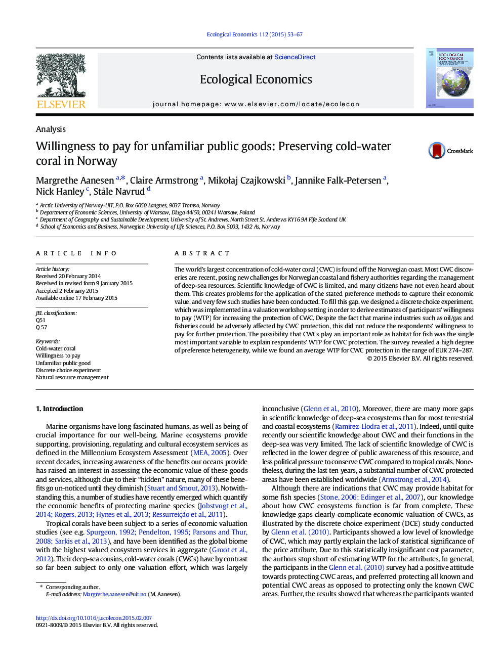 Willingness to pay for unfamiliar public goods: Preserving cold-water coral in Norway