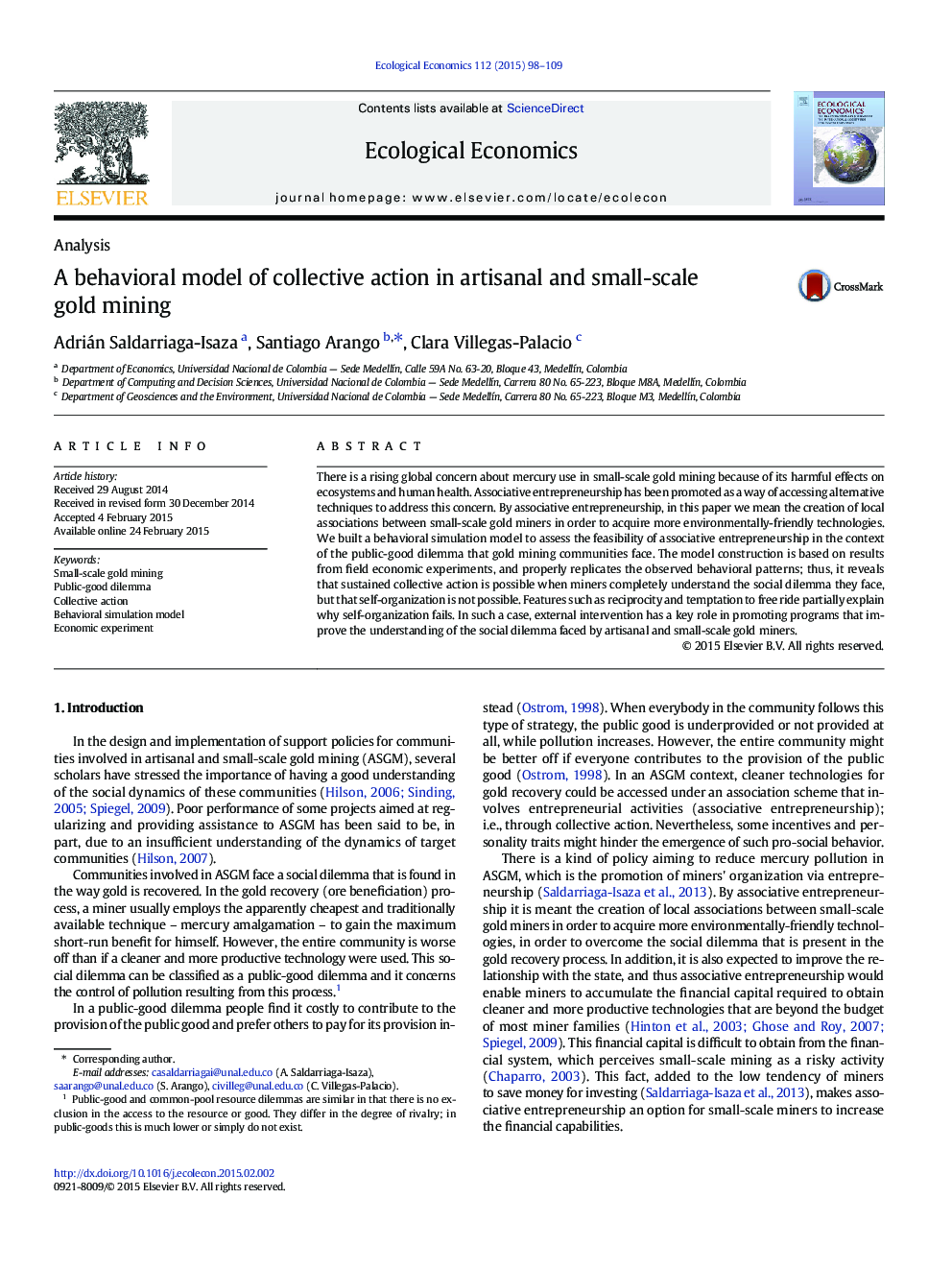 A behavioral model of collective action in artisanal and small-scale gold mining