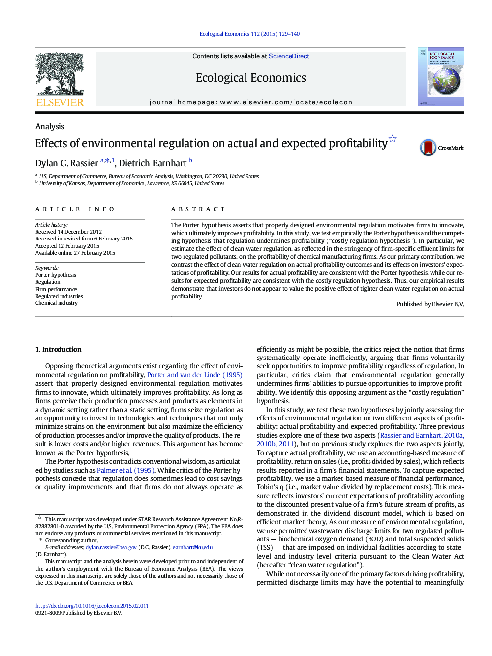 Effects of environmental regulation on actual and expected profitability