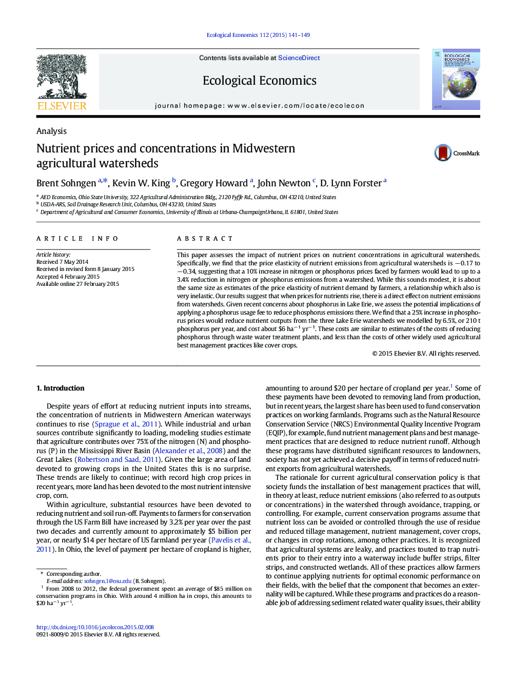 Nutrient prices and concentrations in Midwestern agricultural watersheds