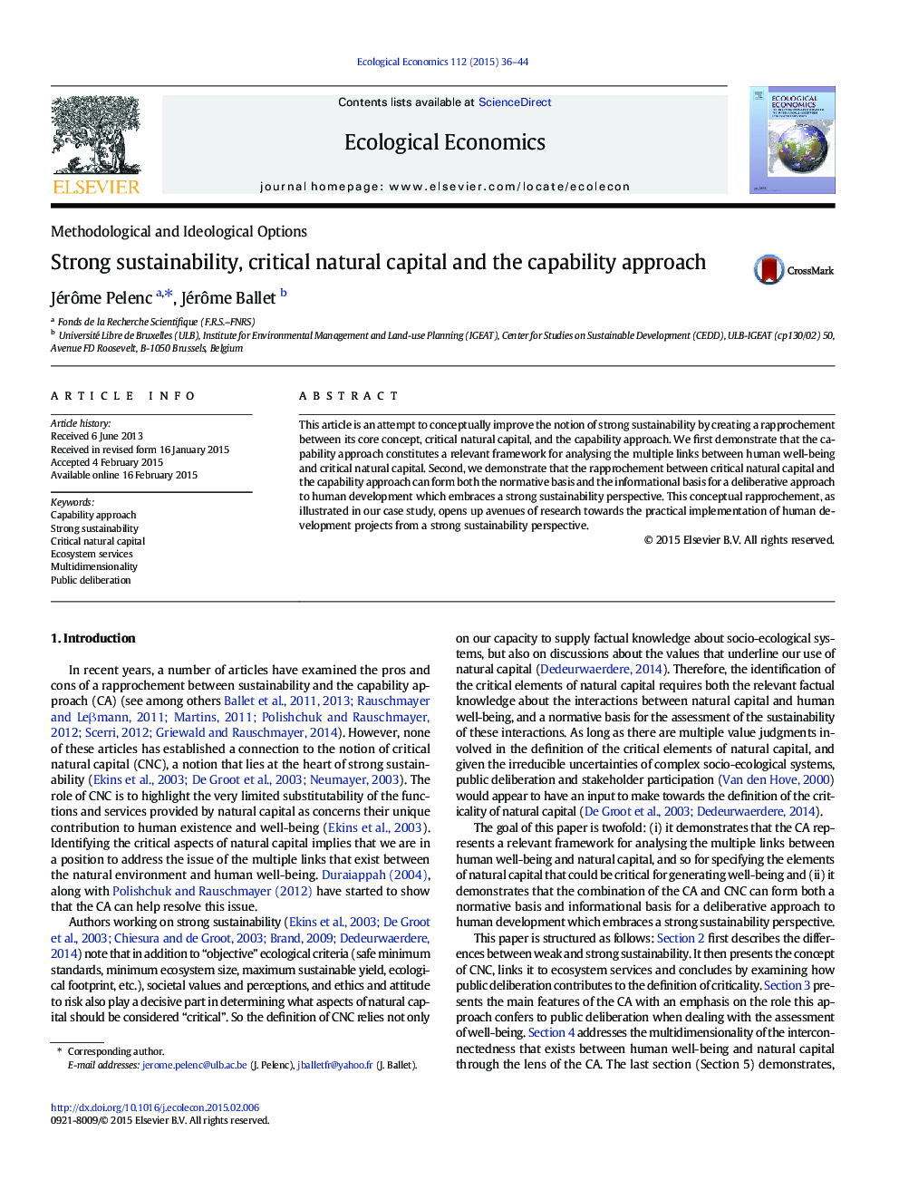 Strong sustainability, critical natural capital and the capability approach