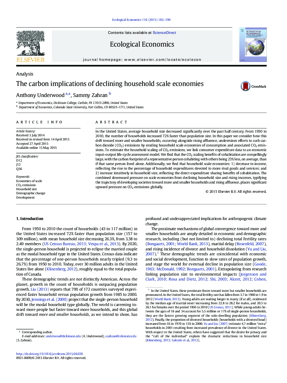 The carbon implications of declining household scale economies