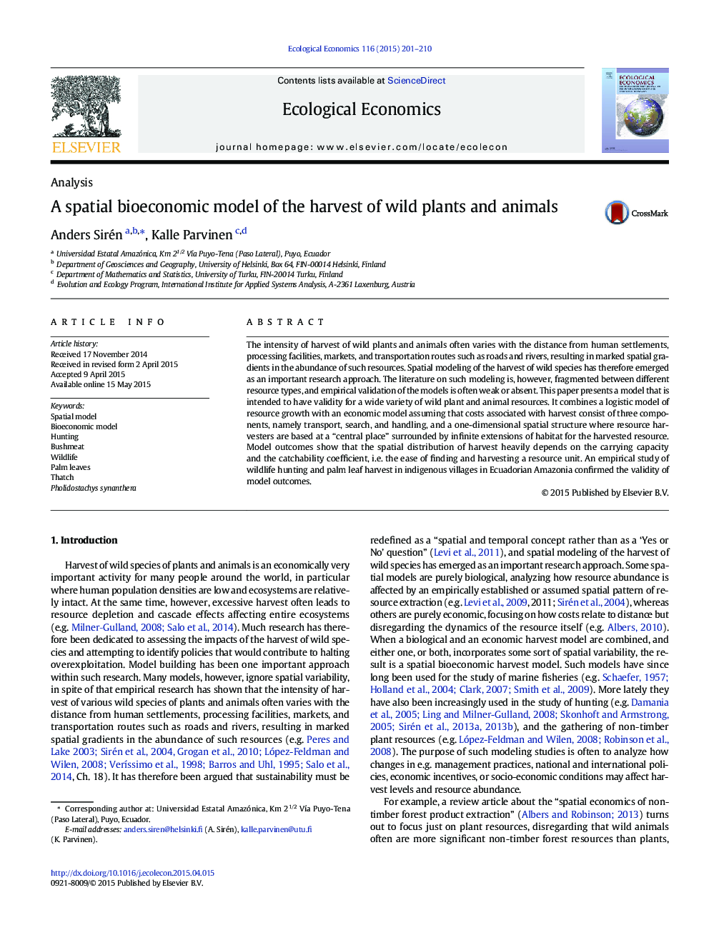 A spatial bioeconomic model of the harvest of wild plants and animals