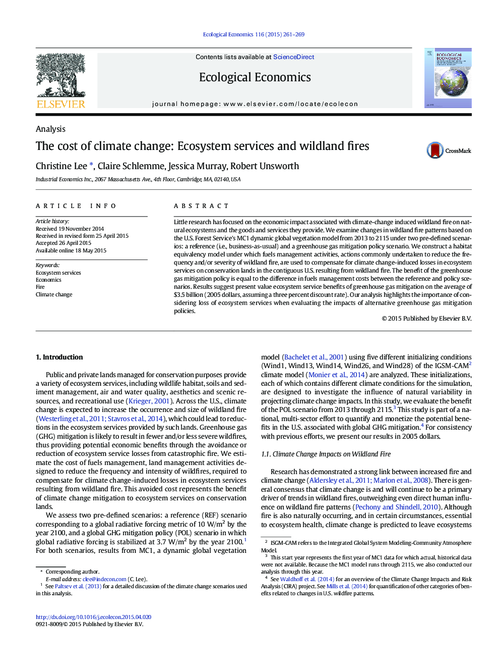 The cost of climate change: Ecosystem services and wildland fires
