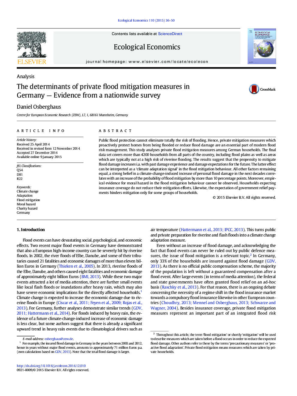 The determinants of private flood mitigation measures in Germany - Evidence from a nationwide survey