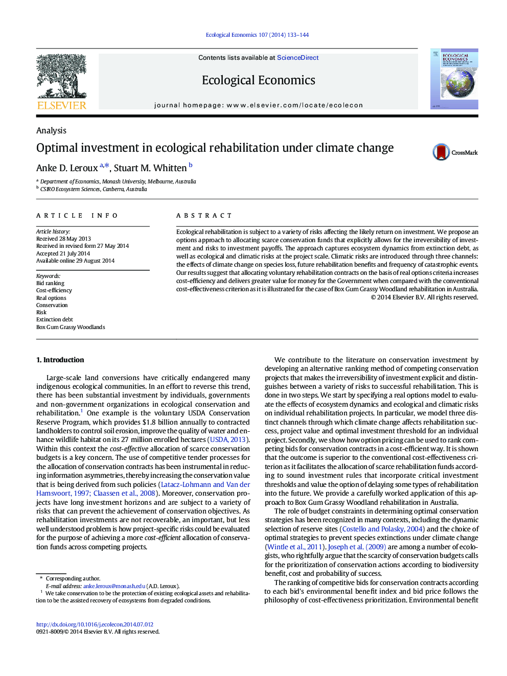 Optimal investment in ecological rehabilitation under climate change