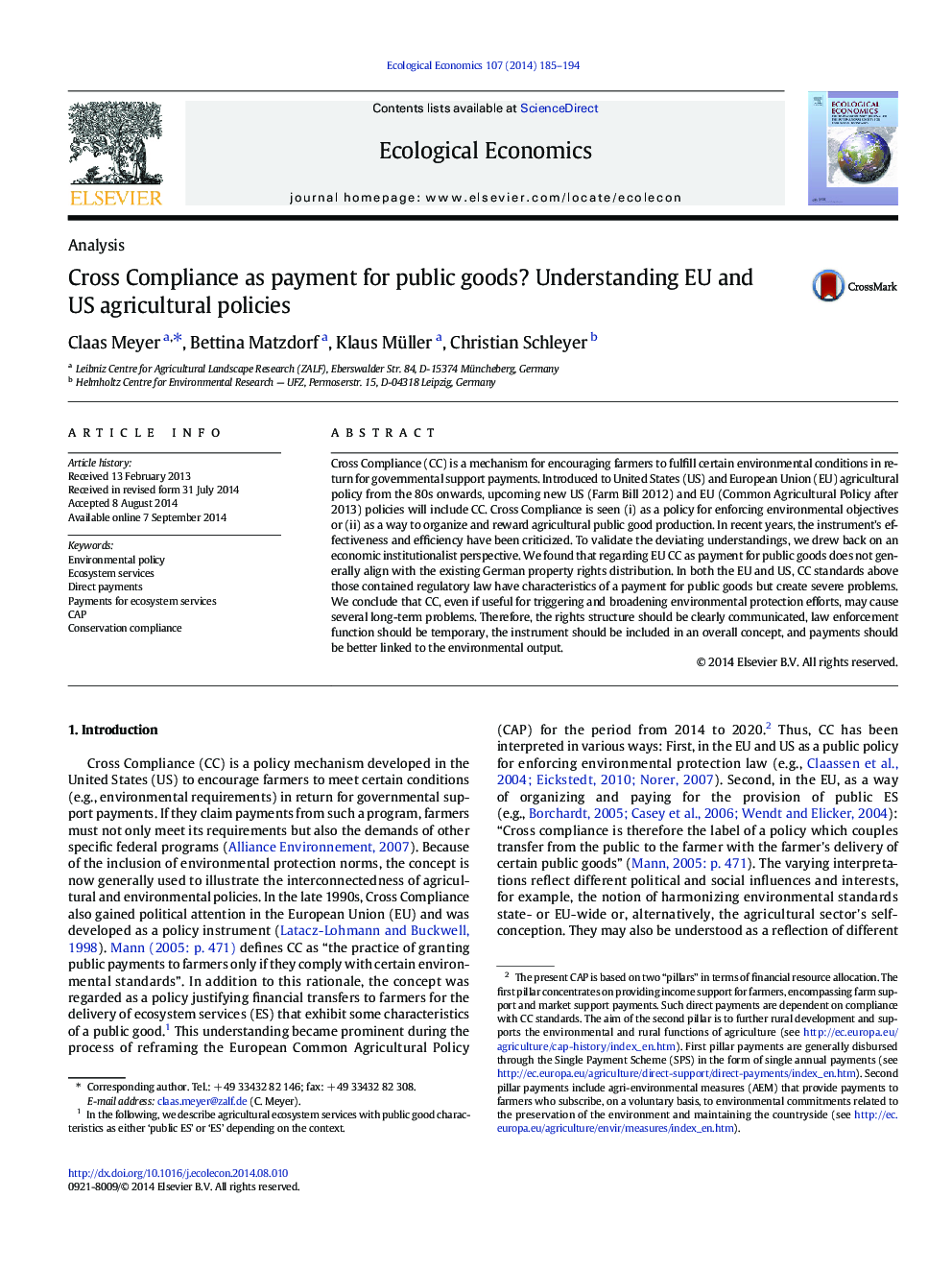 Cross Compliance as payment for public goods? Understanding EU and US agricultural policies