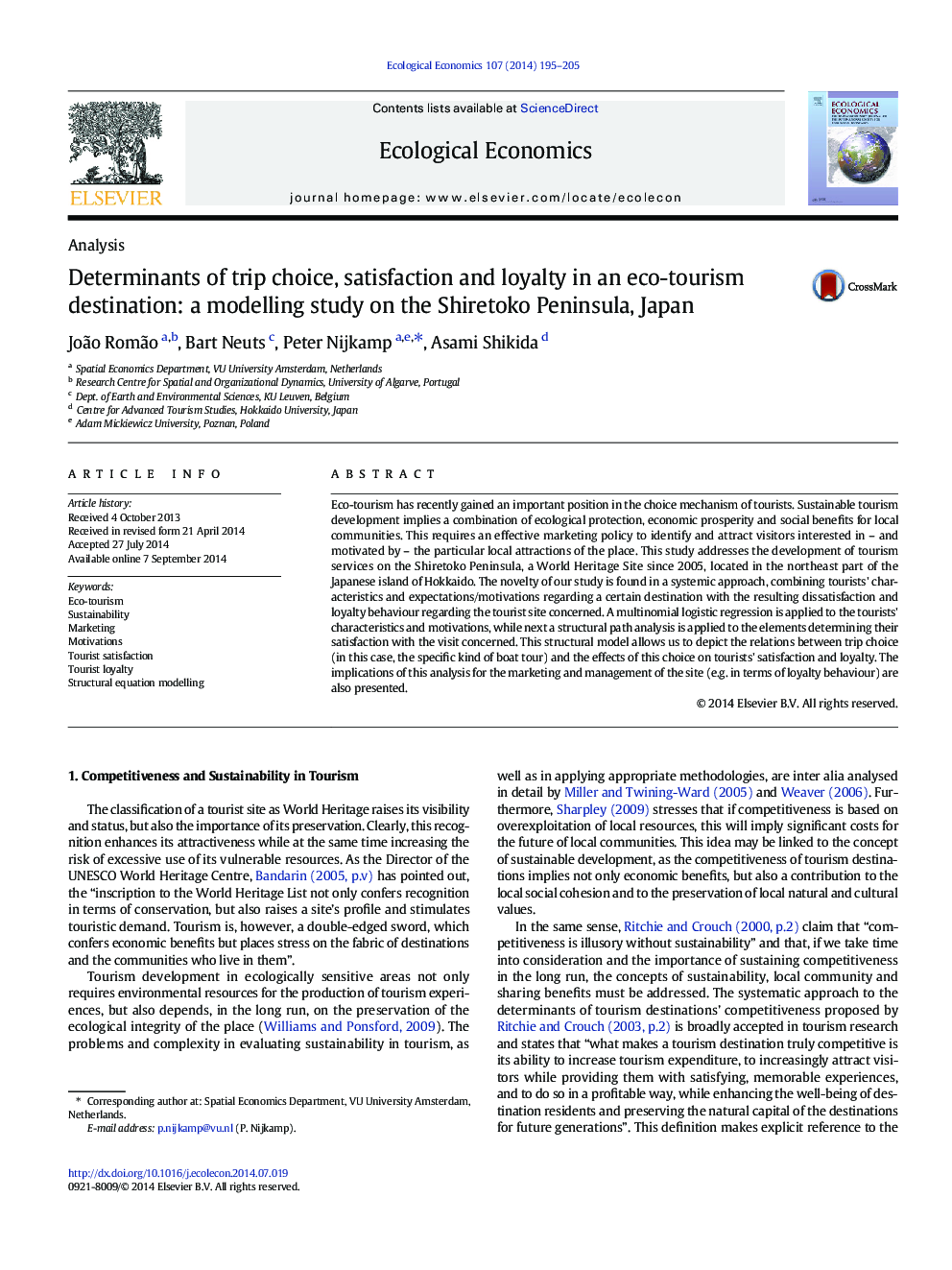 Determinants of trip choice, satisfaction and loyalty in an eco-tourism destination: a modelling study on the Shiretoko Peninsula, Japan