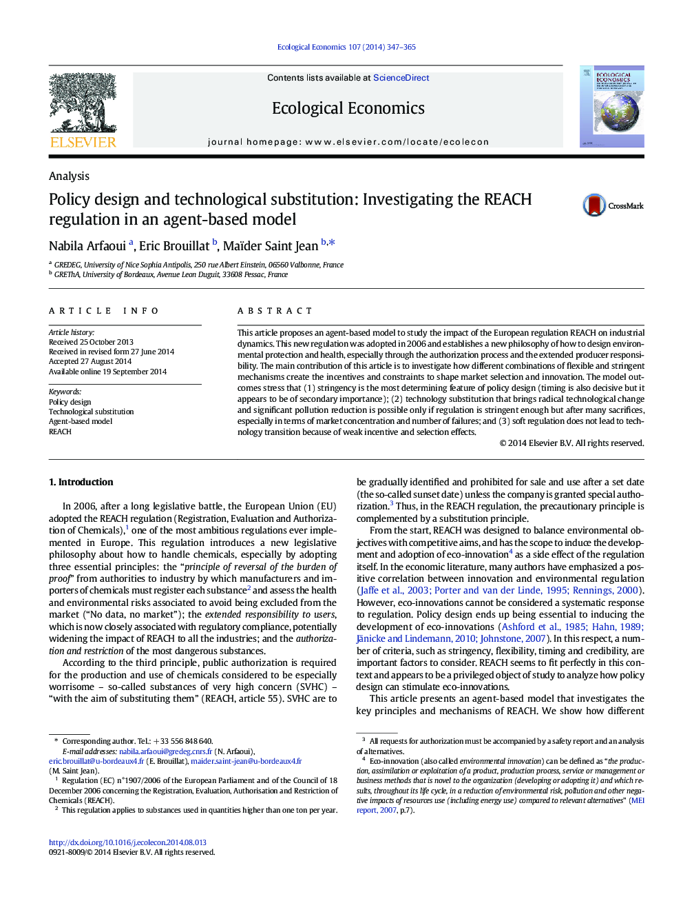 AnalysisPolicy design and technological substitution: Investigating the REACH regulation in an agent-based model