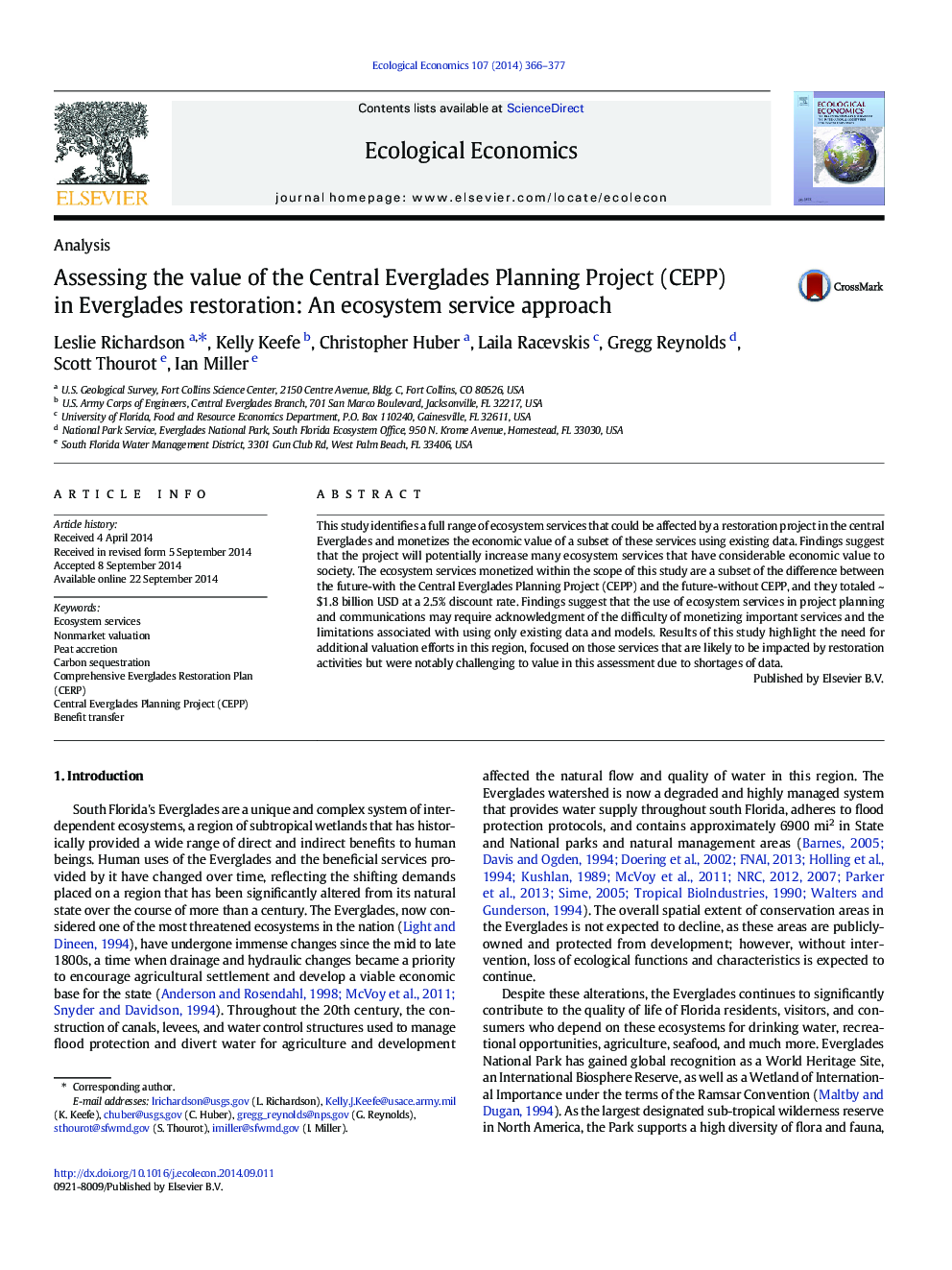 Assessing the value of the Central Everglades Planning Project (CEPP) in Everglades restoration: An ecosystem service approach