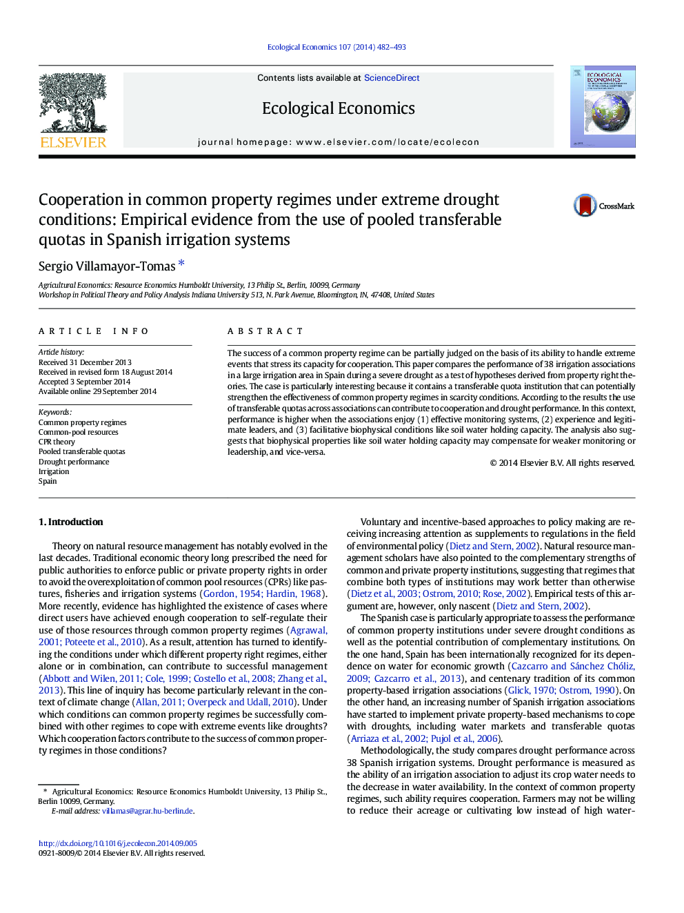 Cooperation in common property regimes under extreme drought conditions: Empirical evidence from the use of pooled transferable quotas in Spanish irrigation systems