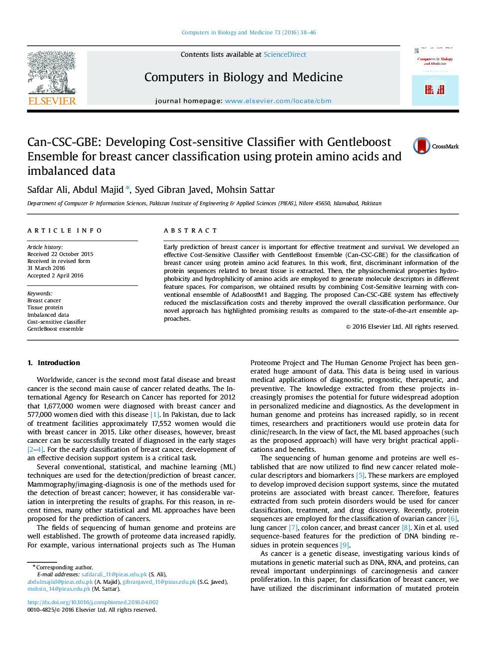 Can-CSC-GBE: Developing Cost-sensitive Classifier with Gentleboost Ensemble for breast cancer classification using protein amino acids and imbalanced data