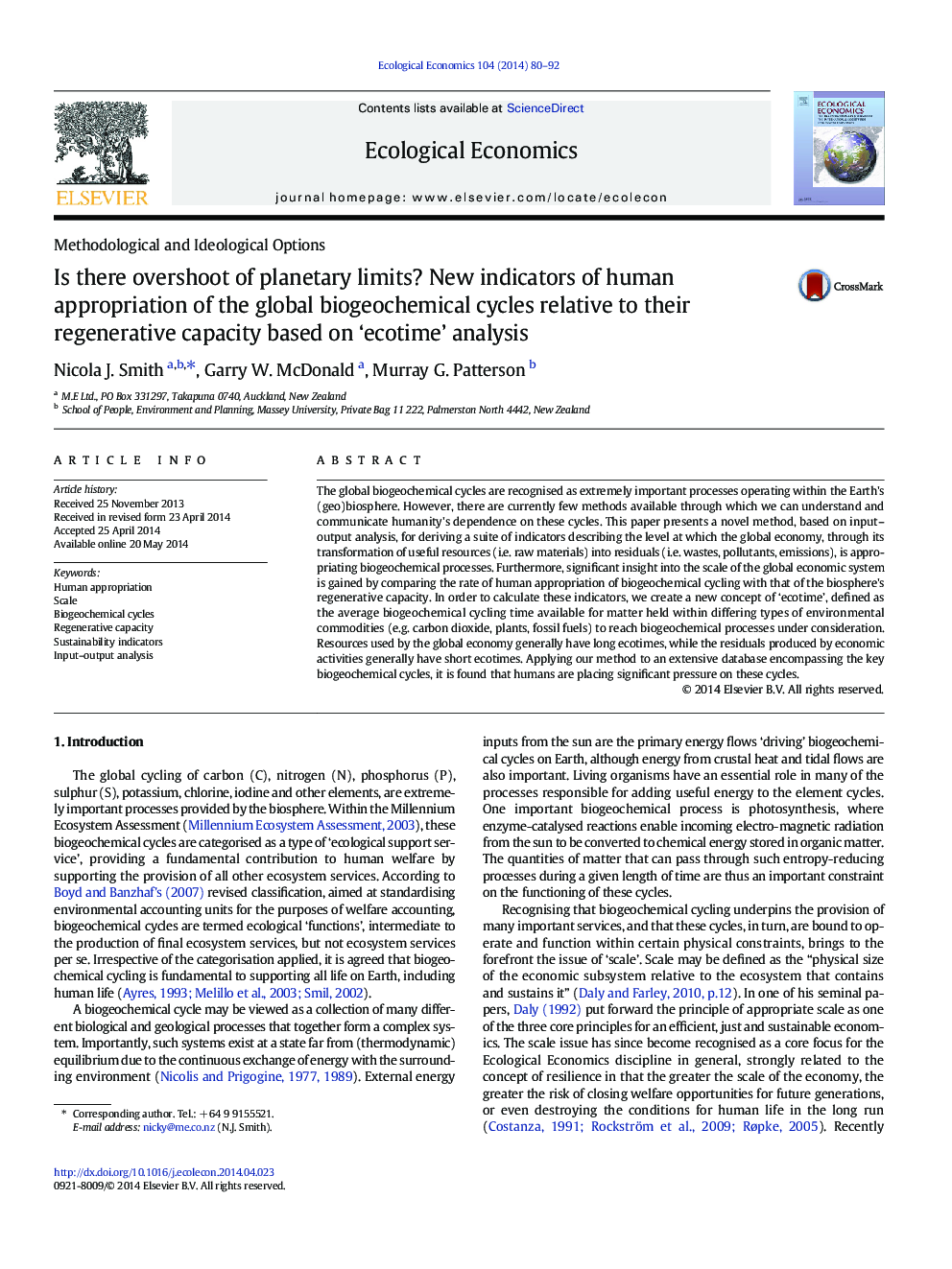 عکس صفحه اول مقاله: Is there overshoot of planetary limits? New indicators of human appropriation of the global biogeochemical cycles relative to their regenerative capacity based on 'ecotime' analysis Is there overshoot of planetary limits? New indicators of human appropriation of the global biogeochemical cycles relative to their regenerative capacity based on 'ecotime' analysis